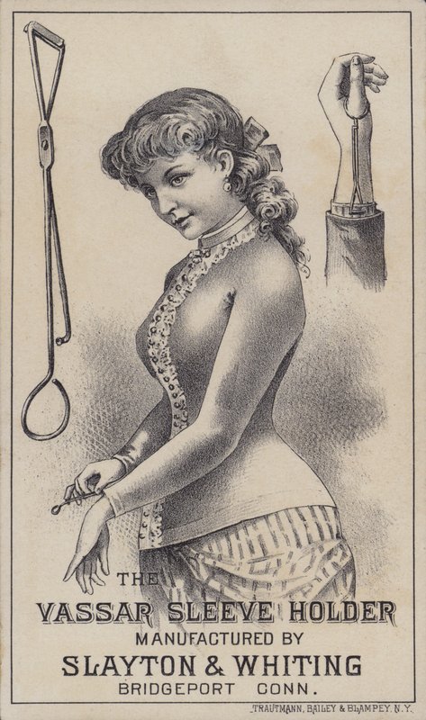 Reklama uchwytu rękawa Vassar, wyprodukowanego przez Slayton & Whiting, Bridgeport, Connecticut, USA (kolor litho) autorstwa American School