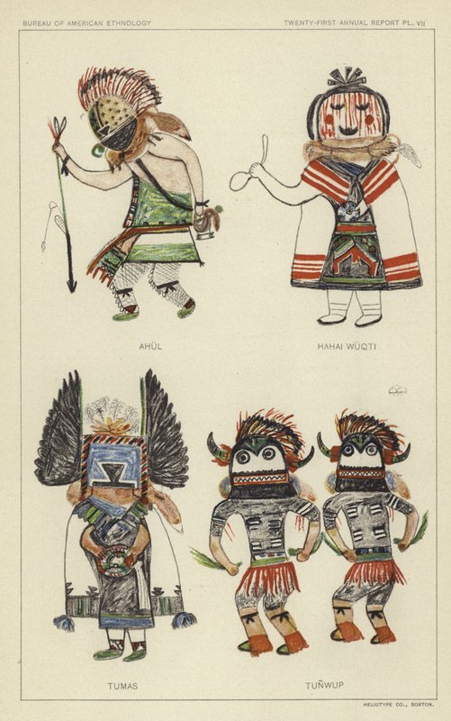Ahul, Hahai Wuqti, Tumas, Tunwup (kolorowa litografia) autorstwa American School