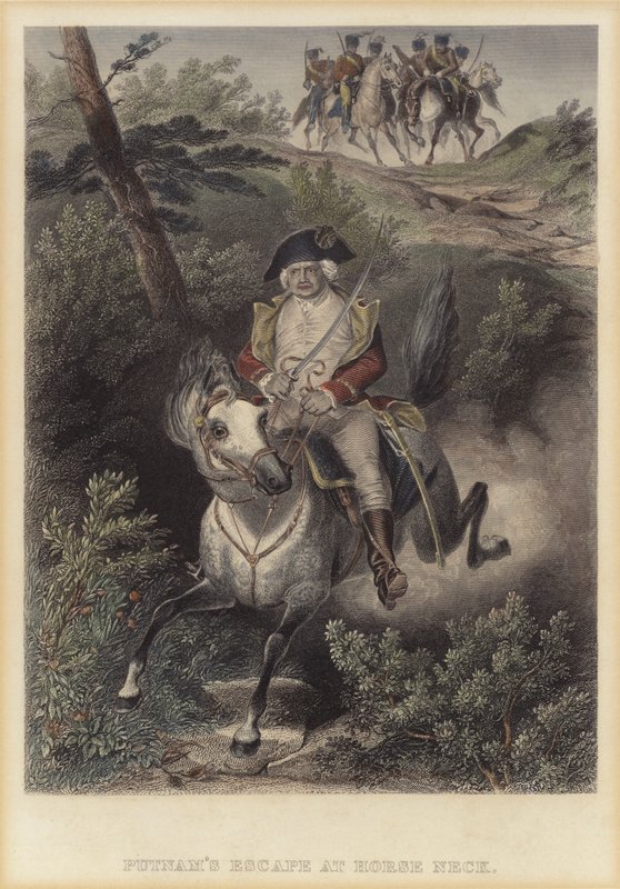 Ucieczka amerykańskiego generała Israela Putnama przed Brytyjczykami pod Horse Neck, Connecticut, amerykańska wojna o niepodległość autorstwa American School