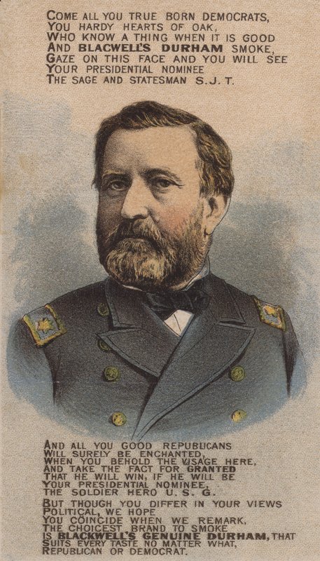 Amerykański żołnierz i polityk Ulysses S Grant, karta handlowa reklamująca Blackwell Durham Bull Tobacco, lata 70. XIX wieku autorstwa American School