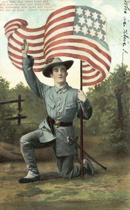 Amerykański żołnierz trzymający Gwiazdy i Paski (zdjęcie kolorowe) autorstwa American School