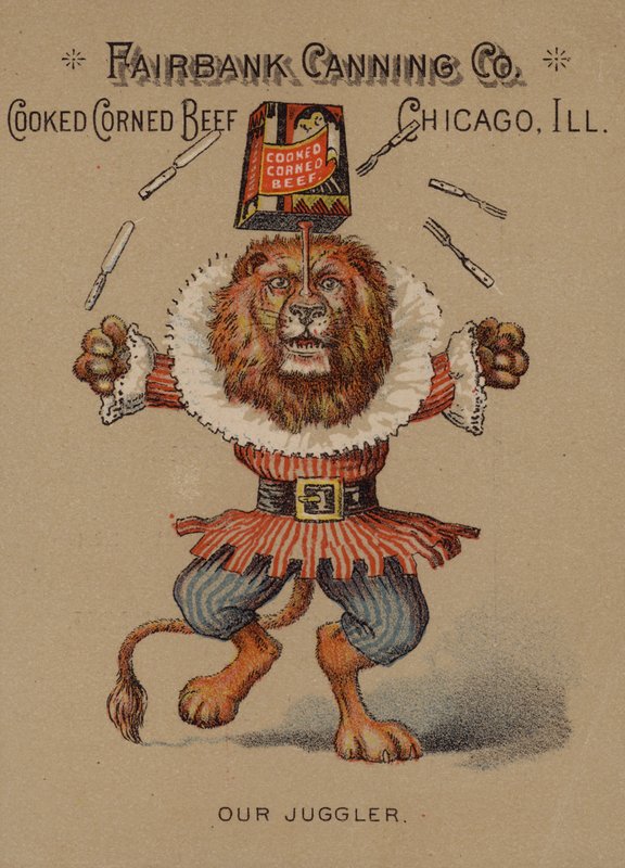 Amerykańska karta handlowa reklamująca gotowaną peklowaną wołowinę z firmy Fairbank Canning Company, Chicago, Illinois autorstwa American School