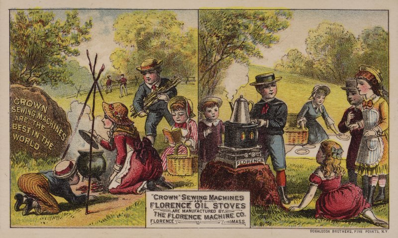 Amerykańska wizytówka reklamująca maszyny do szycia i piece olejowe wyprodukowane przez Florence Machine Company, Massachusetts, ok. 1880 r. autorstwa American School
