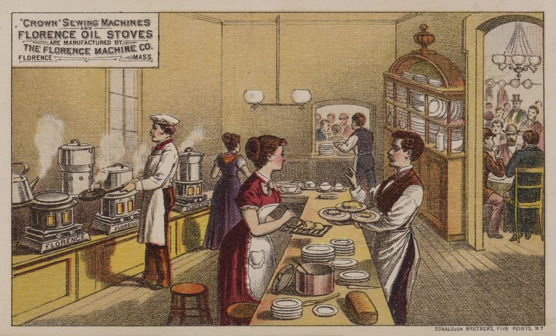 Amerykańska wizytówka reklamująca maszyny do szycia i piece olejowe wyprodukowane przez Florence Machine Company, Massachusetts, ok. 1880 r. autorstwa American School
