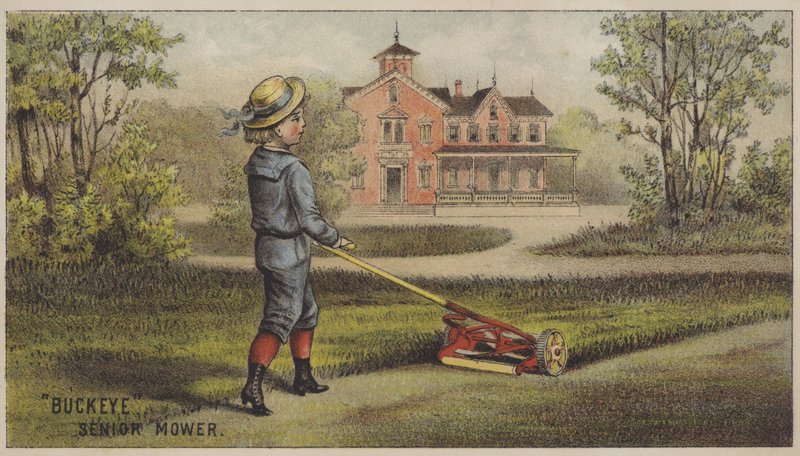Chłopiec koszący trawę przed wiejskim domem (chromolitho) autorstwa American School