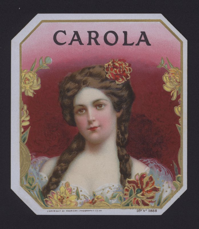 Carola, etykieta na cygaro (chromolitho) autorstwa American School