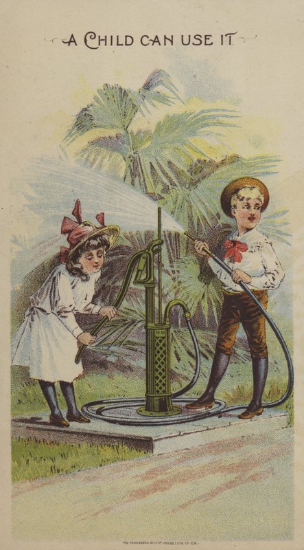 Dzieci bawiące się pompą wodną (chromolitho) autorstwa American School