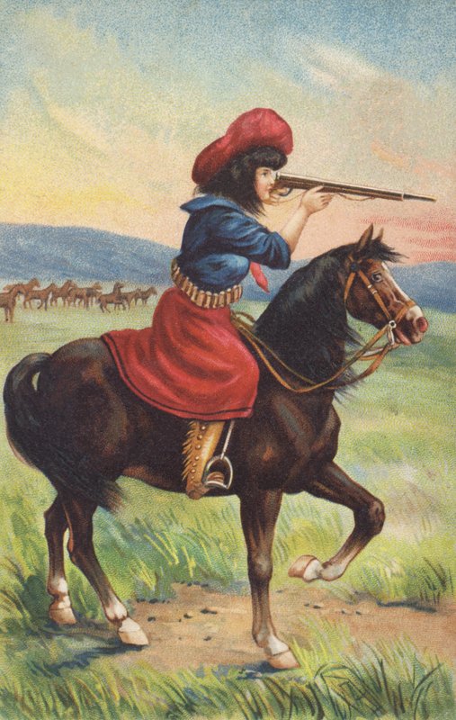 Kowbojka na koniu celująca z karabinu (chromolit) autorstwa American School
