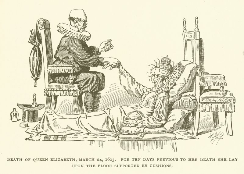 Śmierć królowej Elżbiety, 24 marca 1603 r. Przez dziesięć dni przed śmiercią leżała na podłodze wspartej na poduszkach autorstwa American School
