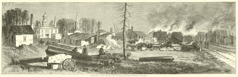 Zniszczenie magazynów, budynków użyteczności publicznej i manufaktur w Atlancie, listopad 1864 r. autorstwa American School