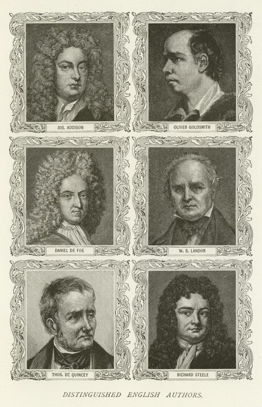 Wybitni autorzy angielscy, Joseph Addison, Oliver Goldsmith, Daniel de Foe, WS Landor, Thomas De Quincey, Richard Steele autorstwa American School