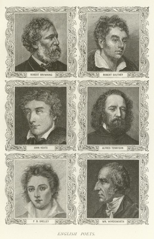 Angielscy poeci, Robert Browning, Robert Southey, John Keats, Alfred Tennyson, PB Shelley, William Wordsworth autorstwa American School