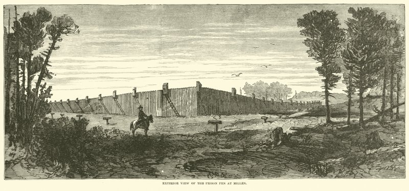 Zewnętrzny widok więzienia w Millen, listopad 1864 r. autorstwa American School