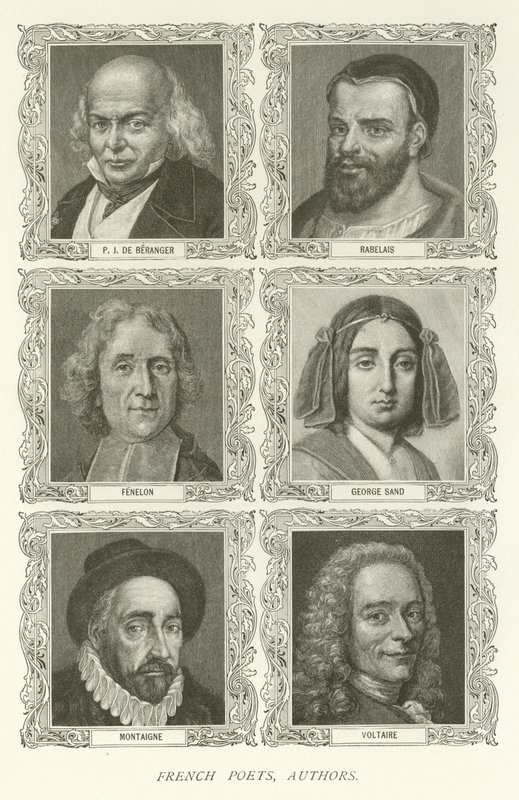 Francuscy poeci, autorzy, P J De Beranger, Rabelais, Fenelon, George Sand, Montaigne, Voltaire autorstwa American School