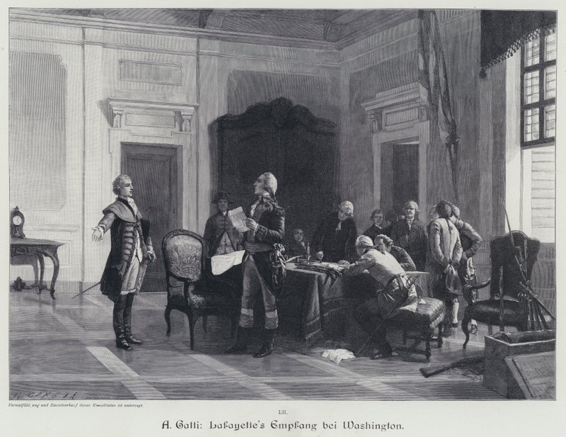 George Washington witający markiza de Lafayette (grafika) autorstwa American School