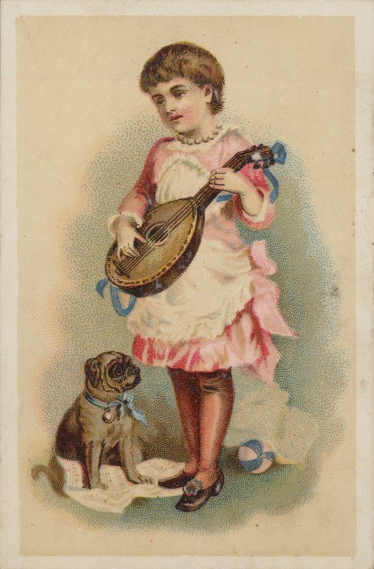 Dziewczyna grająca na mandolinie z psem autorstwa American School