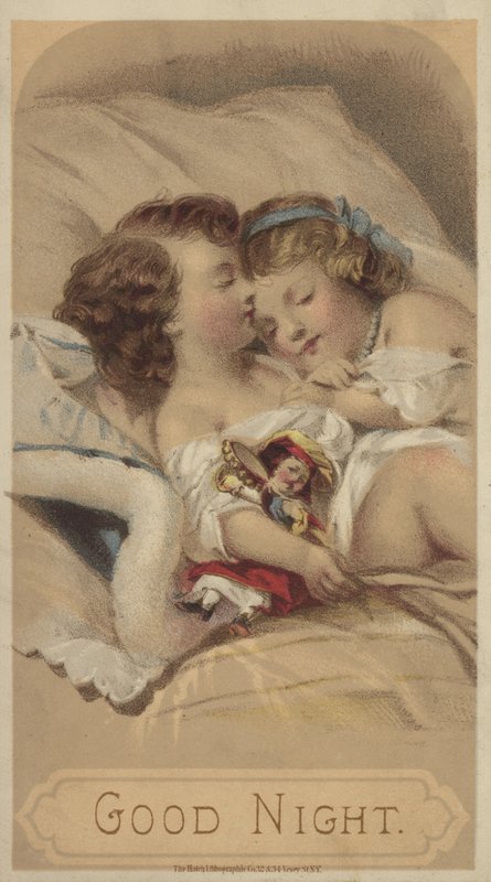 Dobranoc, dzieci śpiące w łóżku (chromolitho) autorstwa American School