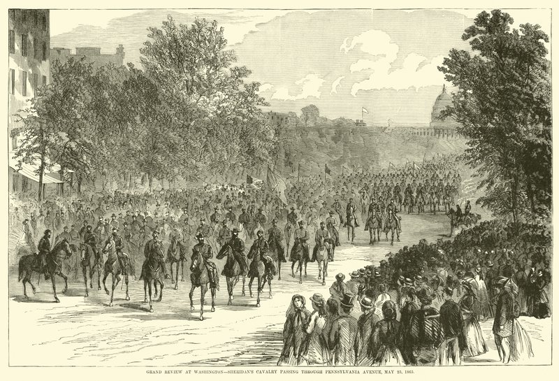 Wielki przegląd w Waszyngtonie, kawalerii Sheridans przechodzącej przez Pennsylvania Avenue, 23 maja 1865, maj 1865 autorstwa American School