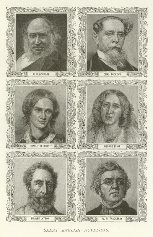 Wielcy angielscy powieściopisarze, R. Blackmore, Charles Dickens, Charlotte Bronte, George Eliot, Bulwer-Lytton, WM Thackeray autorstwa American School