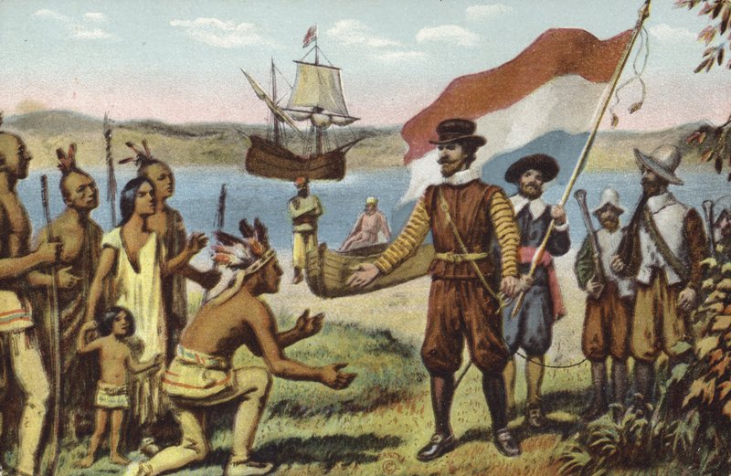 Henry Hudson ląduje na Manhattanie autorstwa American School