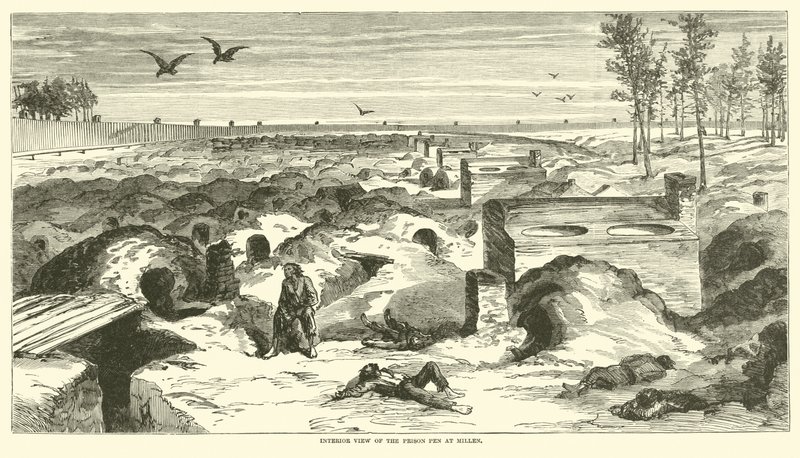 Widok wnętrza Zagrody Więziennej w Millen, listopad 1864 r. autorstwa American School