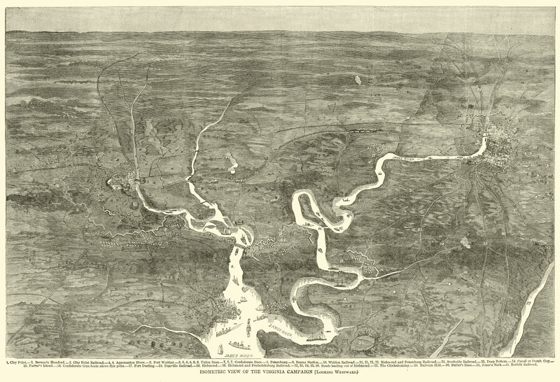 Widok izometryczny kampanii w Wirginii, Patrząc na zachód, czerwiec 1864 r. autorstwa American School