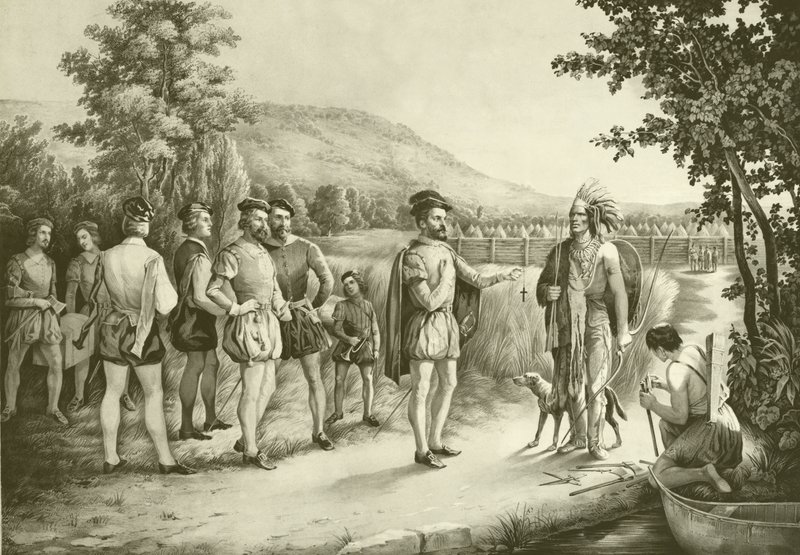 Jacques Cartier, jego pierwszy wywiad z Indianami w Hochelaga (obecnie Montreal) w 1535 r., ok. 1850 r. autorstwa American School