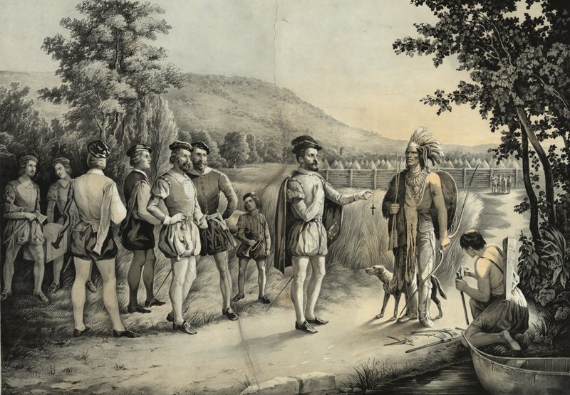 Jacques Cartier, jego pierwszy wywiad z Indianami w Hochelaga (obecnie Montreal) w 1535 r., ok. 1850 r. autorstwa American School