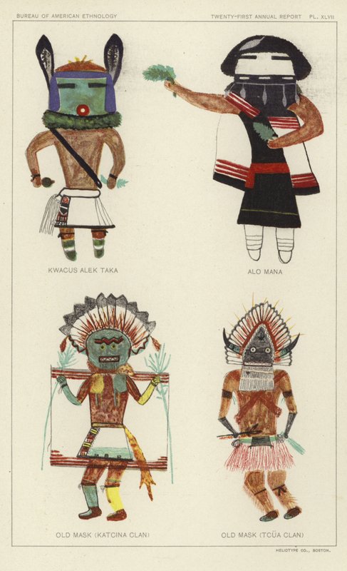 Kwacus Alek Taka, Alo Mana, Stara maska (klan Katcina), Stara maska (klan Tcua) (kolorowa litografia) autorstwa American School