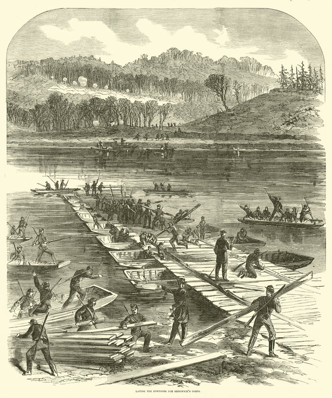 Układanie pontonów dla korpusu Sedgwicks, kwiecień 1863 autorstwa American School