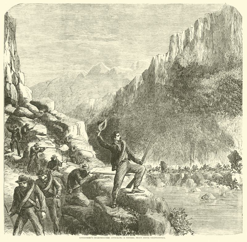 Strzelcy wyborowi Longstreets atakują pociąg federalny nad Chattanooga, październik 1863 r autorstwa American School