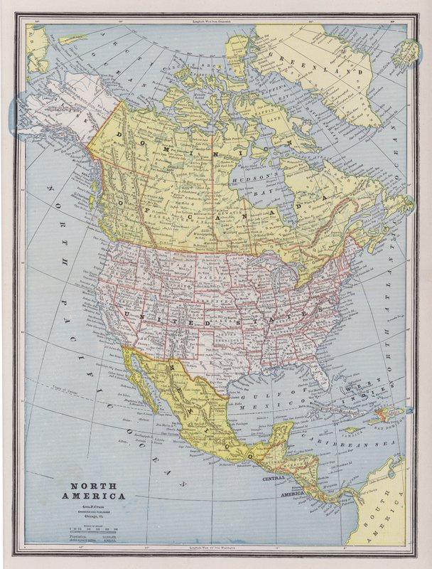 Mapa Ameryki Północnej (kolorowy grawerunek) autorstwa American School