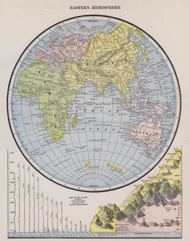 Mapa półkuli wschodniej (kolorowy grawerunek) autorstwa American School