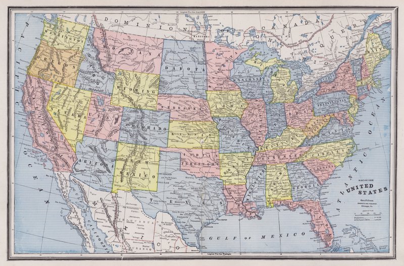 Mapa Stanów Zjednoczonych (kolorowy grawerunek) autorstwa American School
