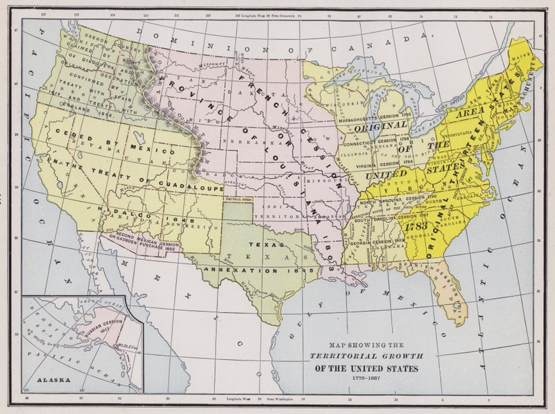 Mapa przedstawiająca rozwój terytorialny Stanów Zjednoczonych (kolorowy grawerunek) autorstwa American School
