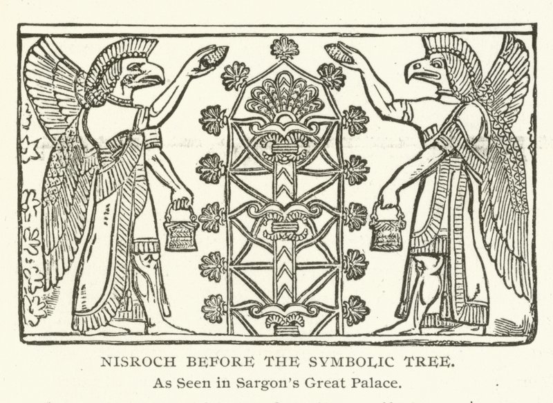 Nisroch przed Symbolicznym Drzewem, jak widać w Wielkim Pałacu Sargons autorstwa American School