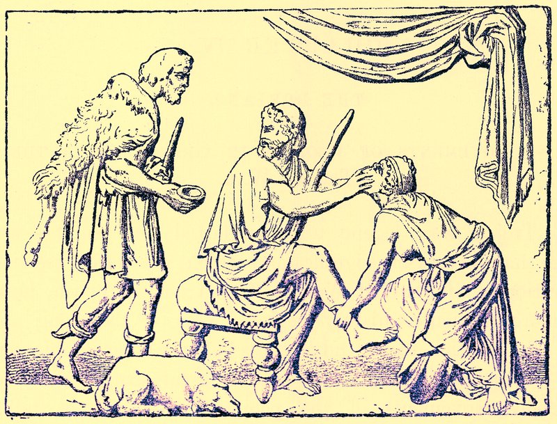 Odyseusz rozpoznany przez pielęgniarkę, ilustracja z Historii Grecji autorstwa Victora Duruy, opublikowana w 1890 r. (obraz ulepszony cyfrowo) autorstwa American School