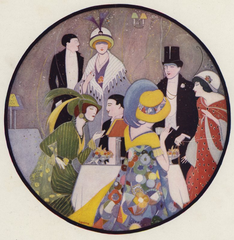 Ludzie spotykający się po przedstawieniu, scena z opowiadania "After The Play" J. A. Waldrona (kolorowa litografia) autorstwa American School