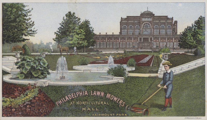 Filadelfijskie kosiarki do trawy w hali ogrodniczej (chromolitho) autorstwa American School