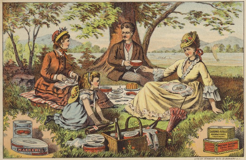Piknik nad wodą, delektując się konserwami rybnymi autorstwa American School