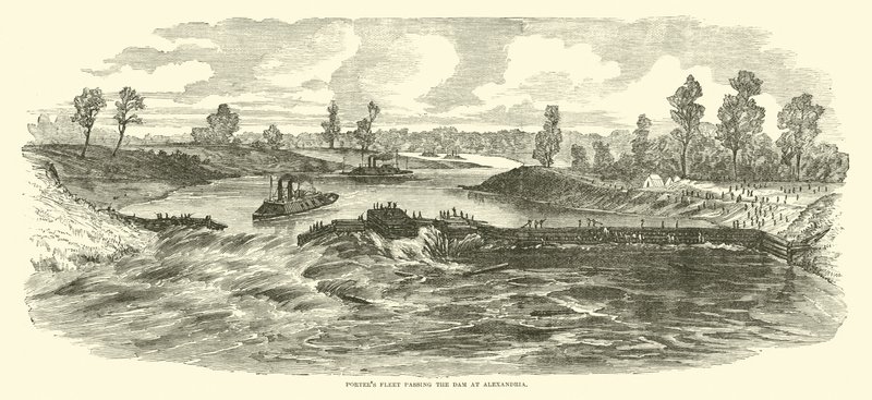 Flota tragarzy przechodząca przez tamę w Aleksandrii, maj 1864 r. autorstwa American School