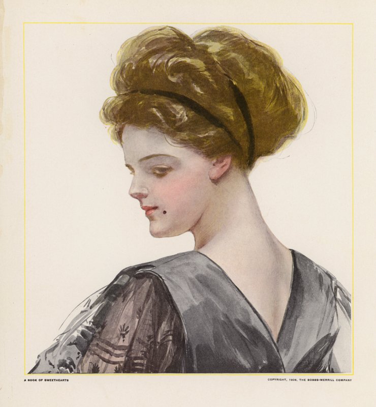 Portret młodej kobiety w czarnej sukni wieczorowej (kolorowa litografia) autorstwa American School
