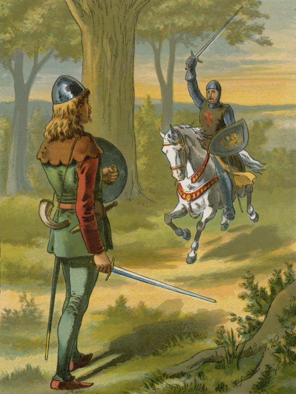 Robin Hood zatrzymuje rycerza w czarnej zbroi autorstwa American School