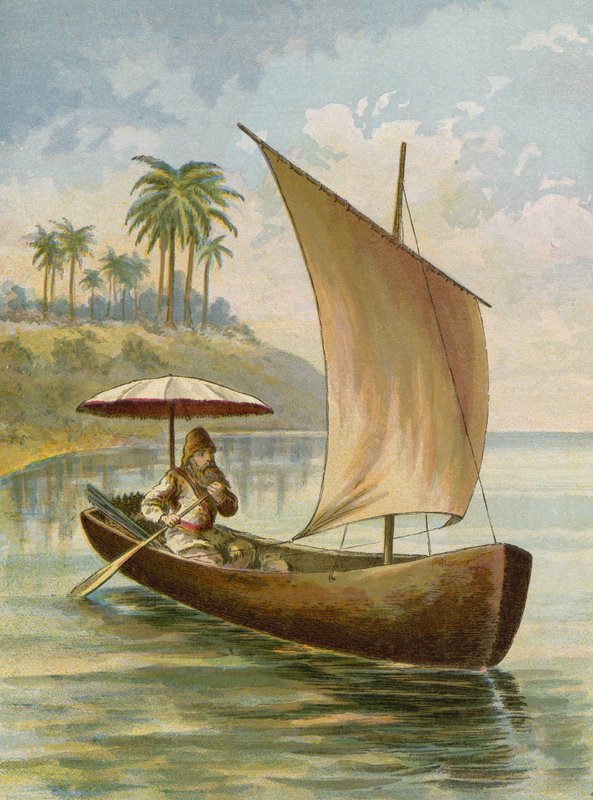 Robinson Crusoe żegluje na swojej łodzi autorstwa American School