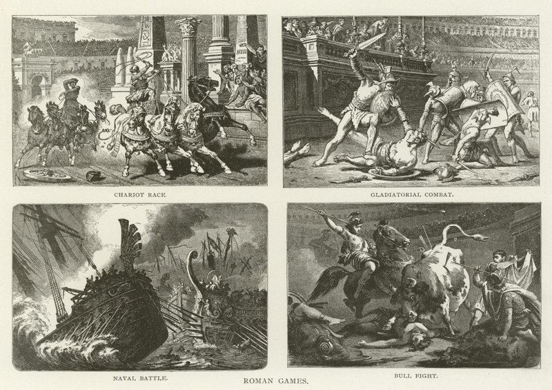 Igrzyska rzymskie, wyścig rydwanów, walka gladiatorów, bitwa morska, walka byków autorstwa American School