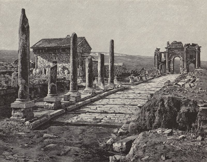 Ruiny rzymsko-berberyjskiego miasta Timgad (starożytne Thamugas), Algieria (rycina) autorstwa American School