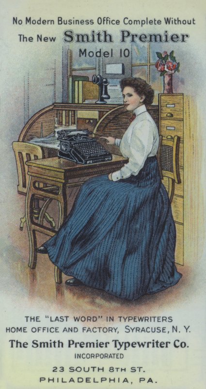Sekretarka w biurze z nową maszyną do pisania Smith Premier (kolorowa litografia) autorstwa American School
