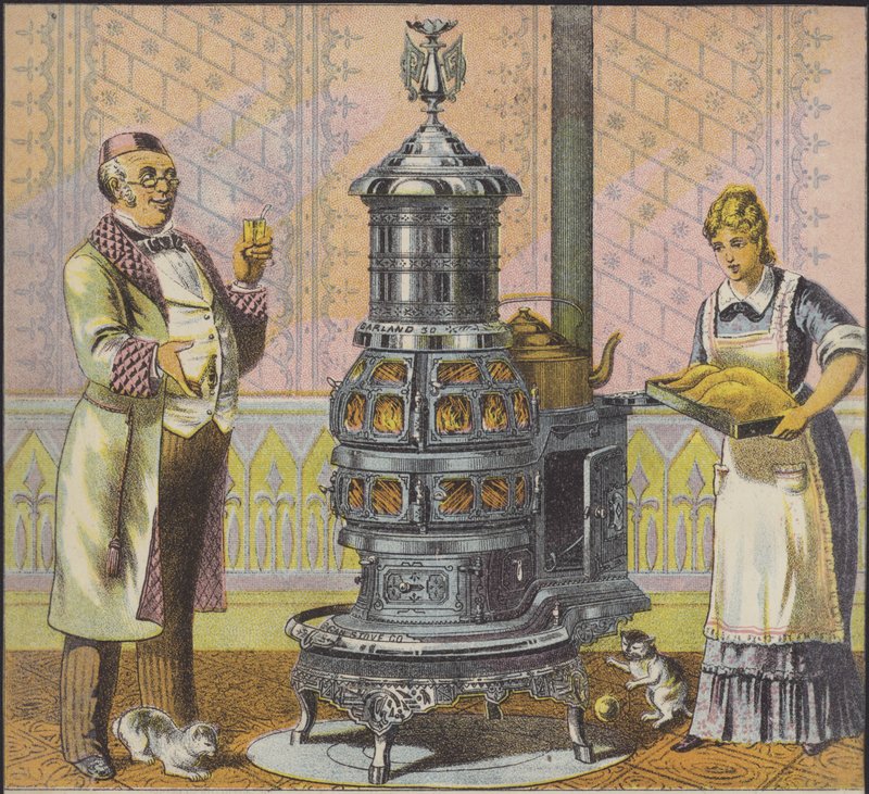 Sługa wkłada indyka do dużego pieca kuchennego, na który patrzy pan domu (chromolitho) autorstwa American School