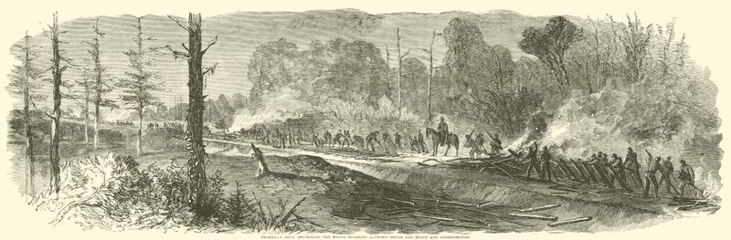 Armia Shermana niszcząca linię kolejową Macon między Rough a Ready i Jonesborough, sierpień 1864 r autorstwa American School
