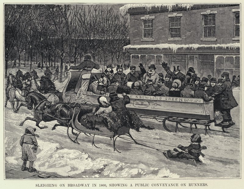 Sanie na Broadwayu w 1860 roku, pokazujące transport publiczny na biegaczach (litos) autorstwa American School